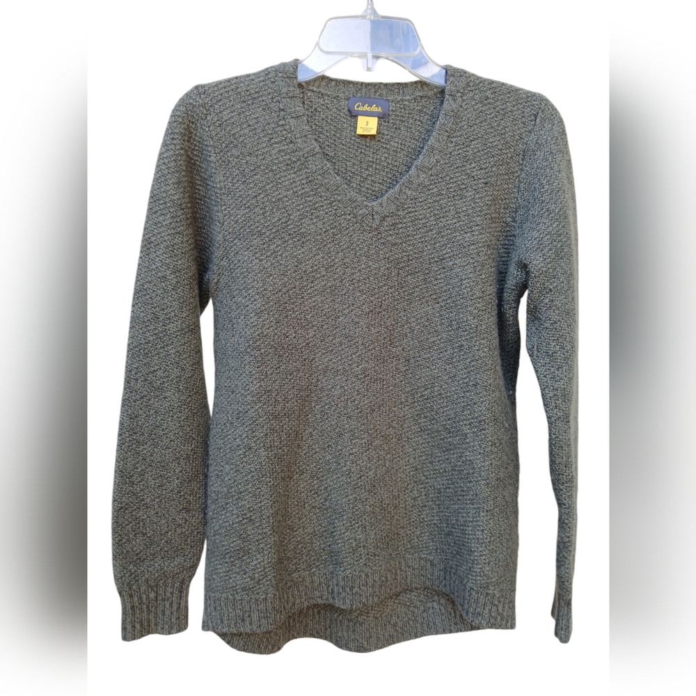 🍁Cabelas Forest Green Merino Wool blend V neck Sweater Hiking Fall Small GUC